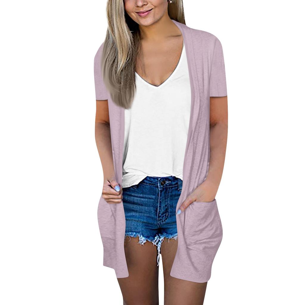 Women's Fashion Loose Casual Pocket Solid Color Cardigan Short Sleeve Jacket Top