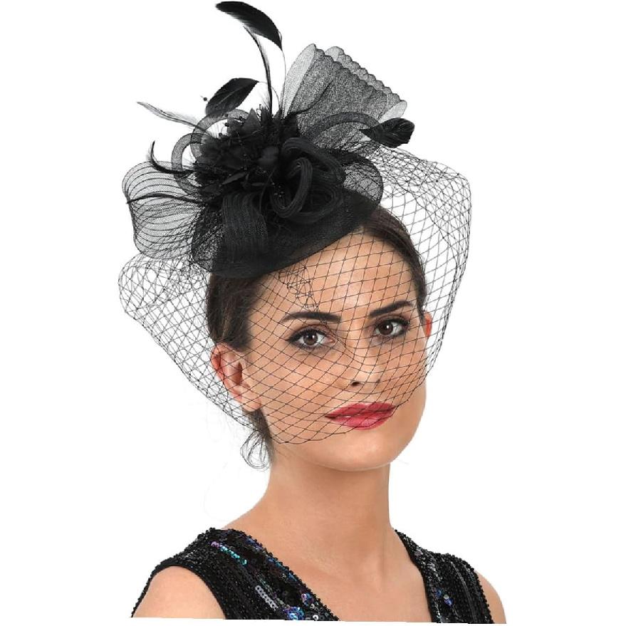 HOMSFOU Mesh Flower Headband with Plume Detail Clip for Women Tea Party Wedding Cocktail Special Occasion Accessories Black