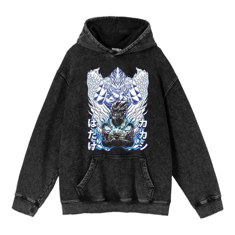 Heavyweight 440g Washed Vintage Naruto Anime Hoodie Men Streetwear Cotton Sweatshirt
