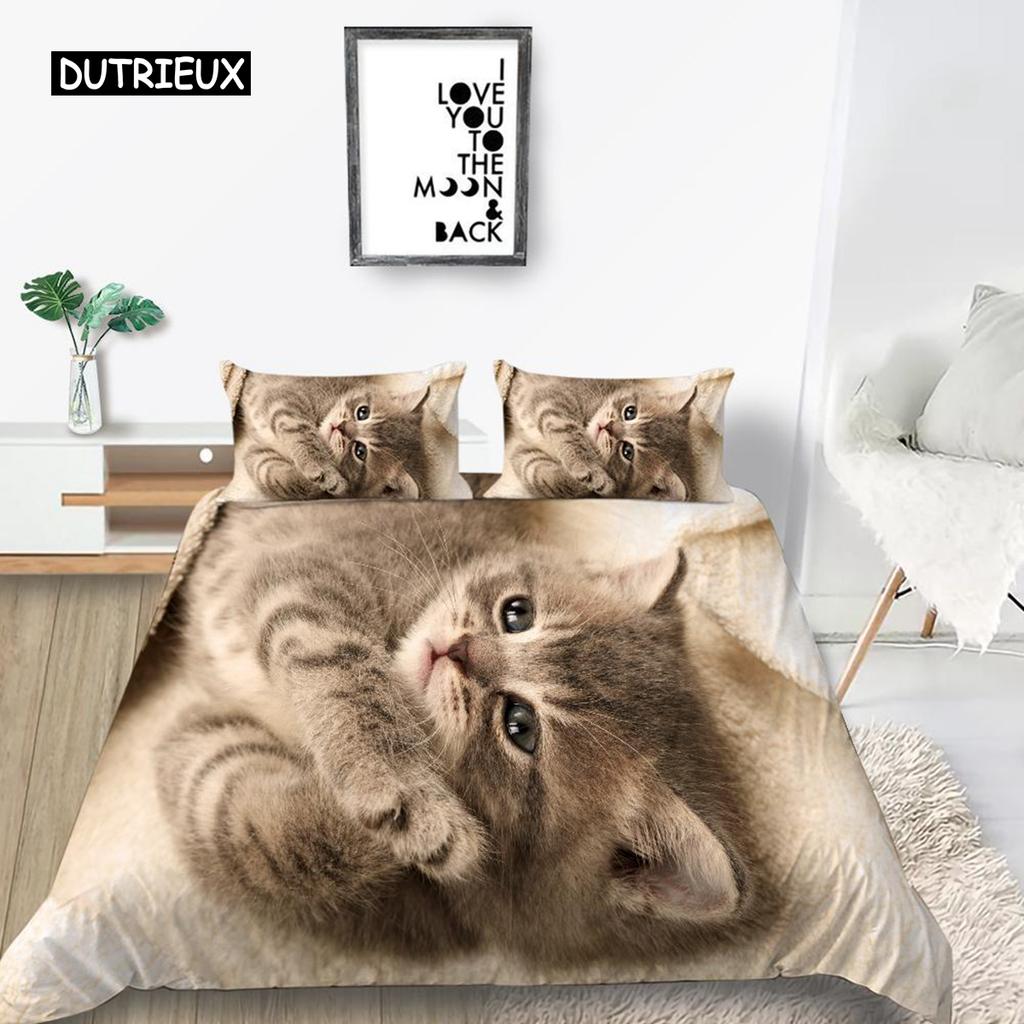 Комплект постельного белья с рисунком кота размера King Size из микрофибры с милым принтом животных для девочек-подростков и детей, комплект постельного белья с рисунком милой кошечки
