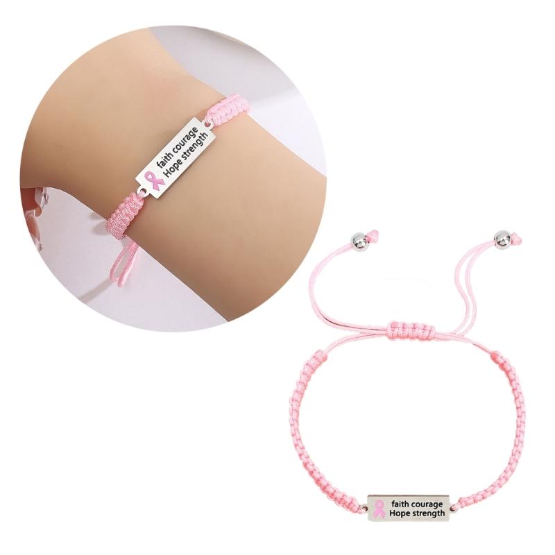 Breast Cancers Awareness Hope Bracelet for Women Pink Ribbon Charm Braided Rope Wrist Wrap Bangle Handmade Jewelry Gift