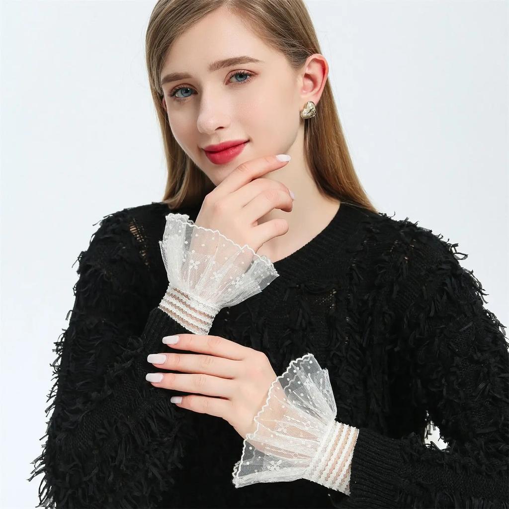 Women Lace Floral Horn Cuffs Ruffled Detachable Fake Sleeves Wedding Shirt Sweater Fake Sleeves Wrist Warmer