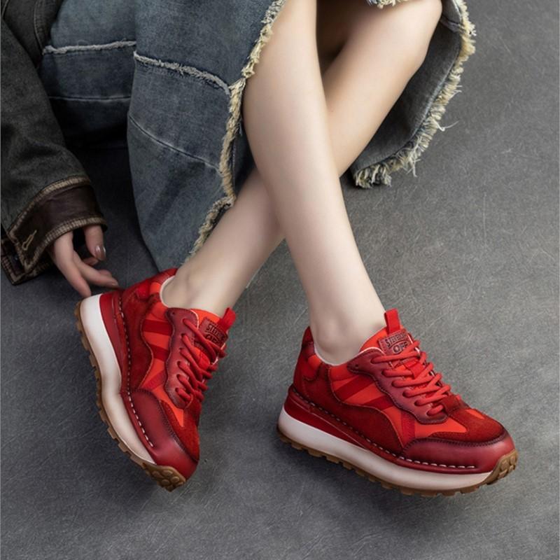 2024 Spring New Genuine Leather Sneakers Casual Sports Shoes Round Toe Lacd-up Retro Versatile Women's Flat Shoes