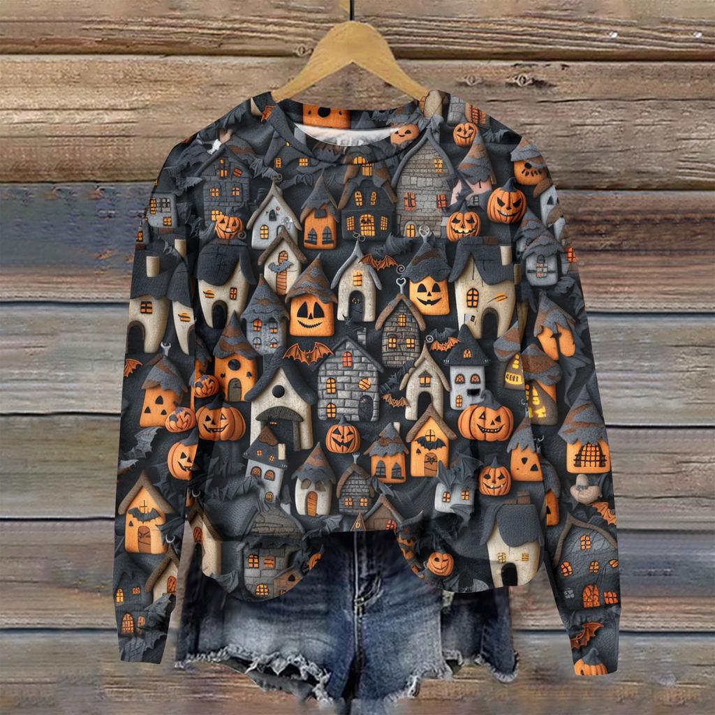 Женский осенне-зимний топ с круглым вырезом и длинными рукавами, милый свитер-пуловер с принтом 3D на тему Хэллоуина