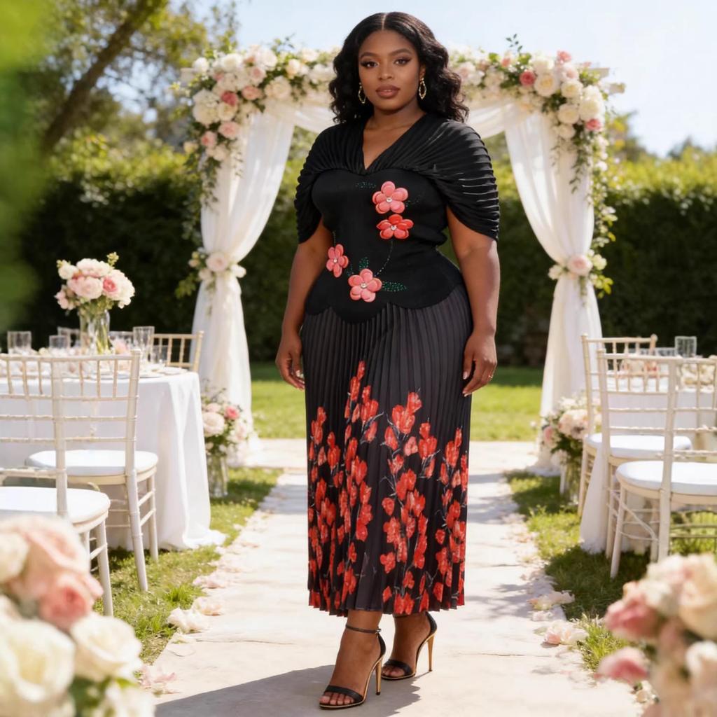 Элегантный набор Miyake Pleats Большого размера с рукавами-пузырями и цветочным дизайном со стразами