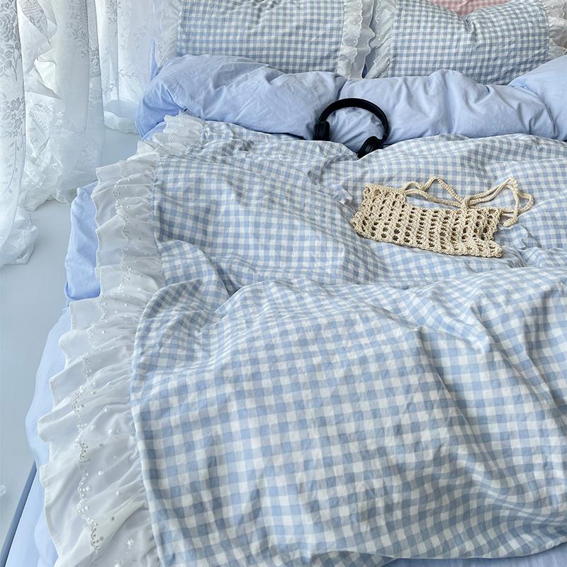 Korean Princess Style Lattice Double Layer Lace Bedding Set Soft Quilt Cover Plaid Style Duvet Covers Set Bed Sheet Pillowcases