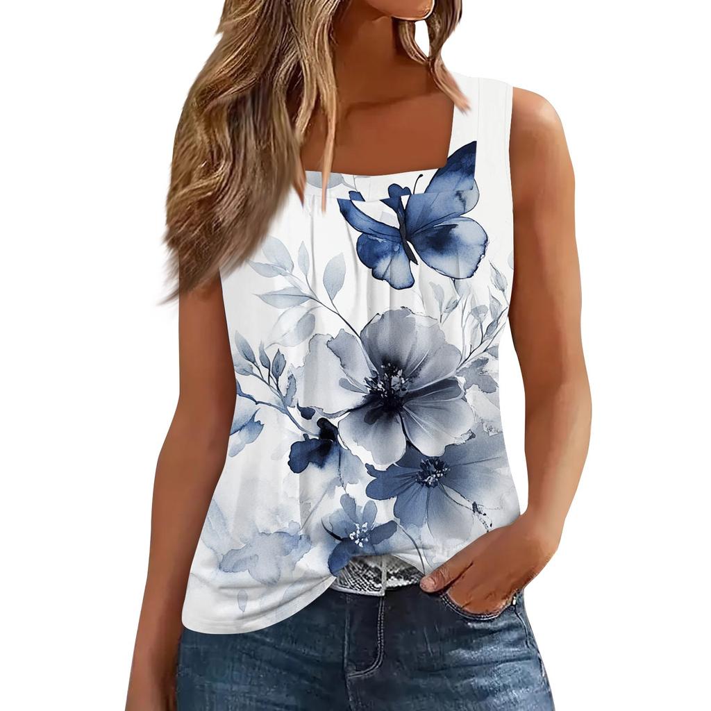 Женская плиссированная футболка без рукавов с квадратным воротником и принтом