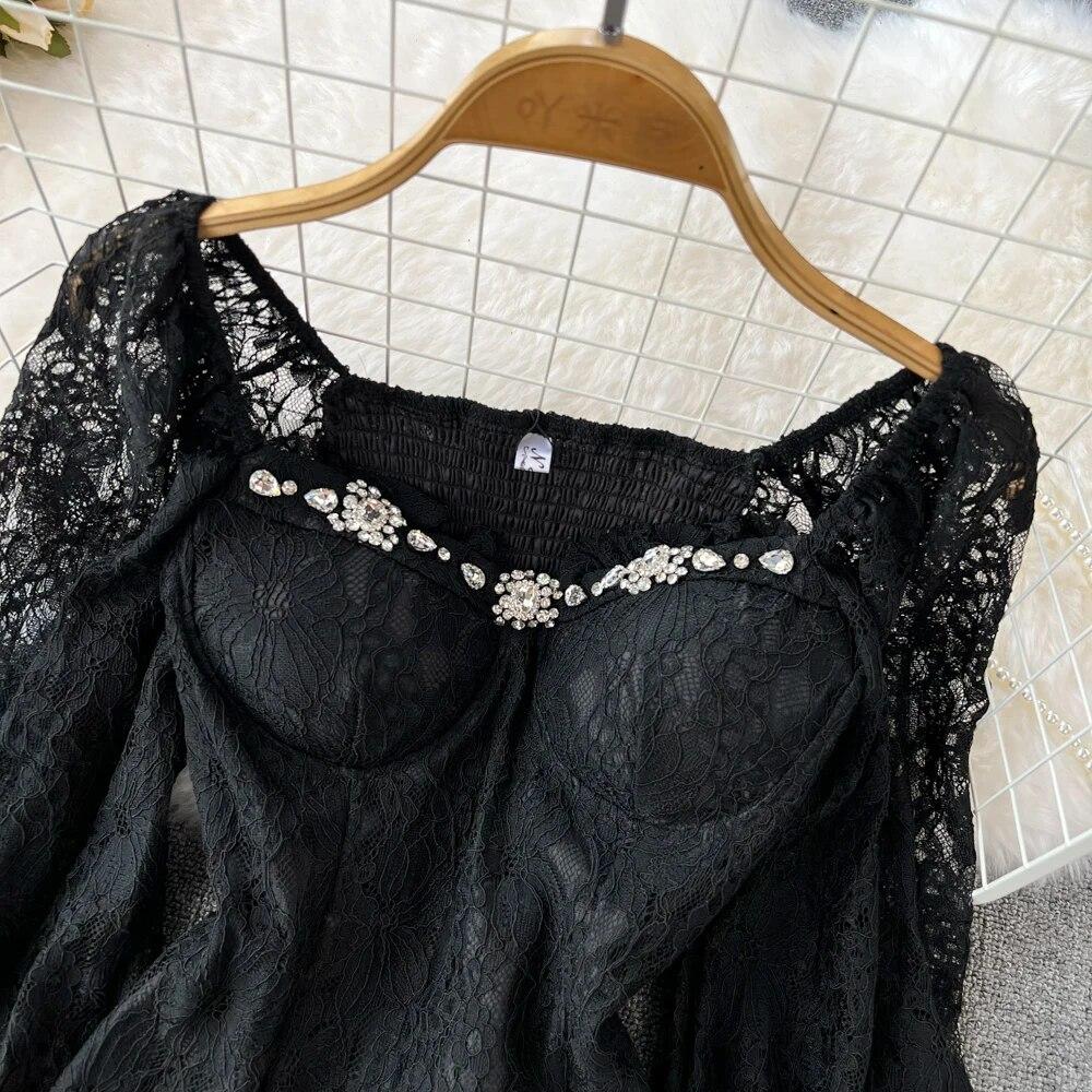 Французская шикарная блузка с бриллиантами, женская корейская мода, квадратный воротник, пышные рукава, блузки в стиле пэчворк, кружевной топ с высокой талией, дропшиппинг