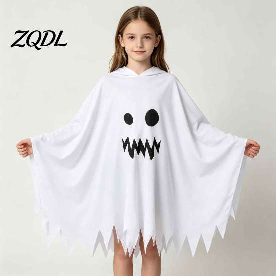 Comfortable Kindergarten Performance Clothes Hooded Ghost Costume, White/Black Cape Costume for Kids Adults, Spooky Lightweight Breathable Halloween