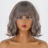 Women Short Wavy Wig with Bangs Synthetic Fiber Grey Color Water Wave Wig Daily Wear Cosplay