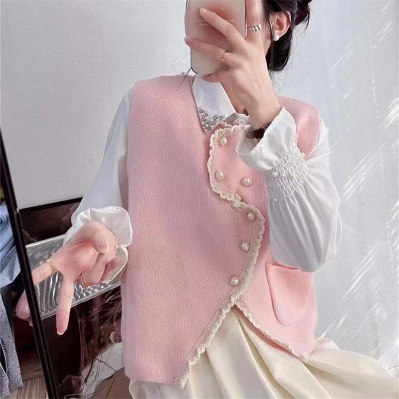 Корейский ретро-стиль с небольшим ароматом, жилет с кружевной кромкой, вязаный кардиган для женщин 2024 года, новый повседневный дизайн, свитер