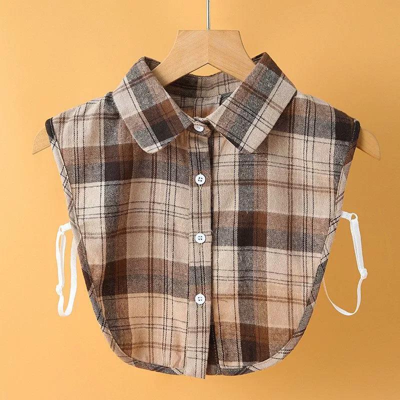 1Pc Fake Collar Leisure Travel Maillard Elegant Checkered Various Tops Shirt Lining Sweater Inner Layer Brown Tones