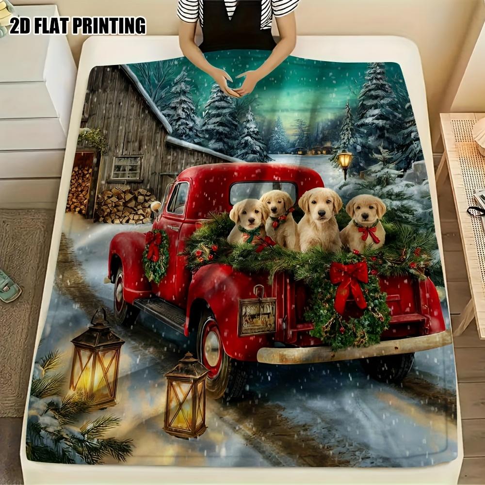 Christmas Red Truck Golden Puppy Flannel Throw Blanket Winter Snow Forest Print Soft Warm Blanket for Holiday Home Decor Dog Lover Gift