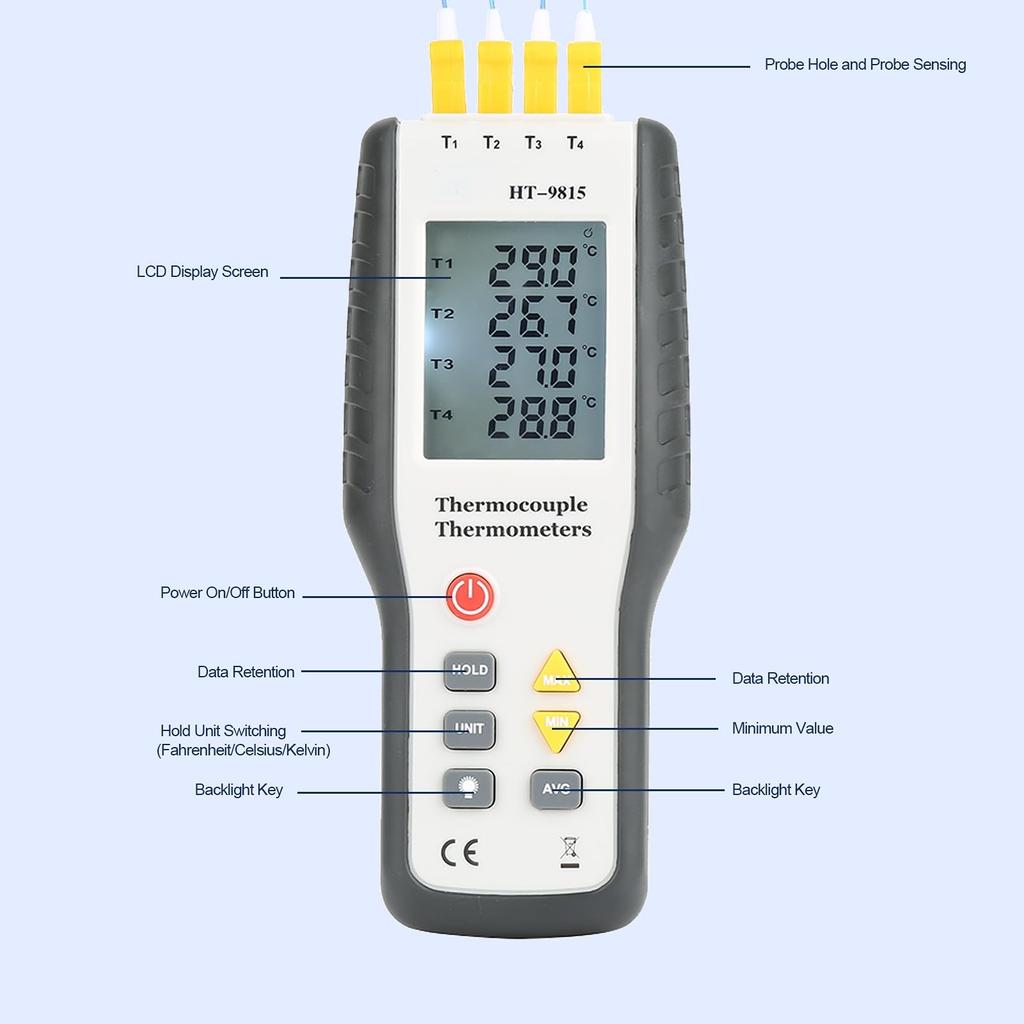 Thermocouple Thermometer 4 Channel K Type LCD Digital Thermometer Thermometer Tester with Storage Case Measuring Range Temperature Data Logger HT-9815