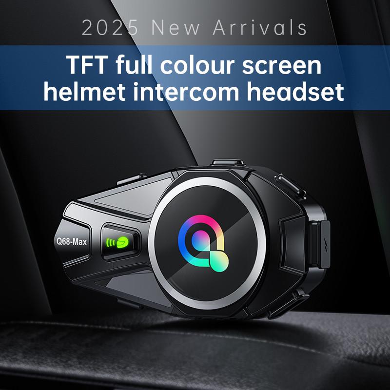 Motorgo Q68-MAX Long Range 500m Motorcycle Intercom with Music Sharing, Dual Bluetooth, TFT Screen, FM Radio, IP56 Waterproof