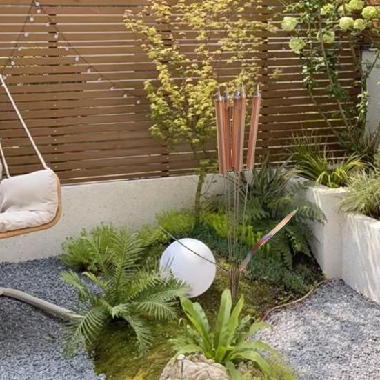 Metal Cattail Wind Chimes Handcrafted Cattail Garden Stake Wind Chime Outdoor Cattail Decoration for Yard Art Patio Balcony Decor