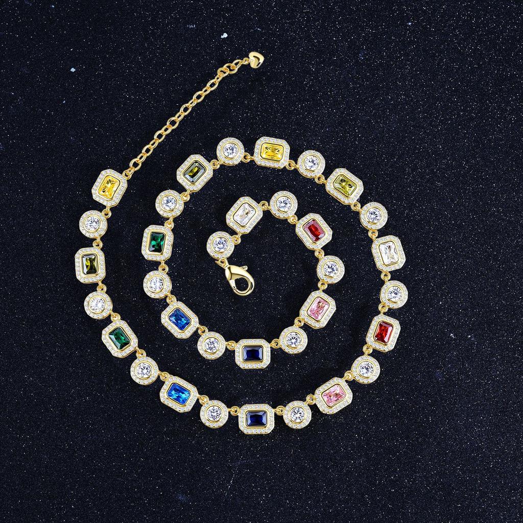 Hip Hop Necklace Vintage Color Zircon Geometric Sugar Cube Bracelet Temperament