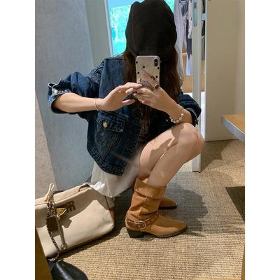 Коровья кожа~ Дуньхуанские ботинки-чулки, каблук 5 см, пряжка, западные ковбойские рыцарские короткие ботинки, женские пустынные ботинки