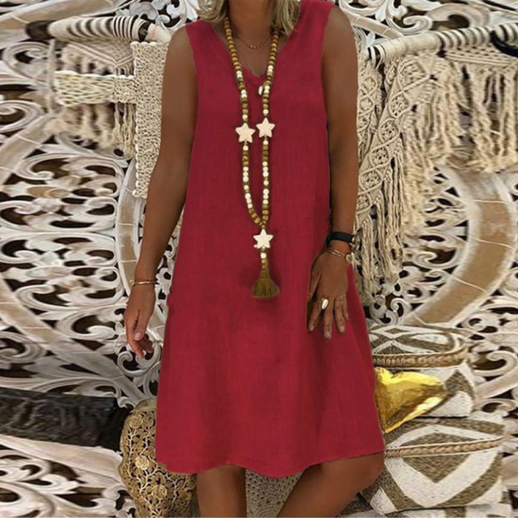 Женское летнее повседневное однотонное свободное платье без рукавов с v-образным вырезом