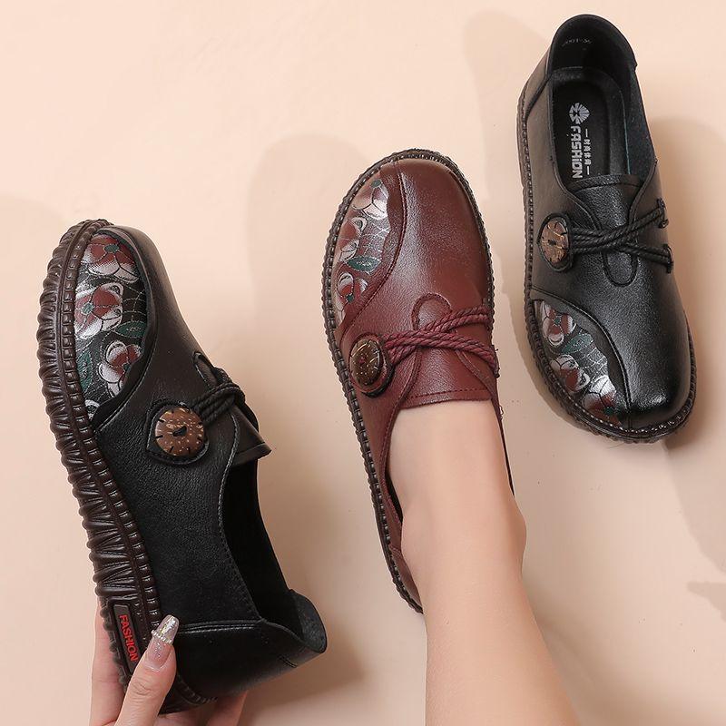 Ретро балетки с двойными ремешками женская осенняя обувь кожаные мокасины туфли с широким носком для мамочек пожилые дамы мокасины с принтом