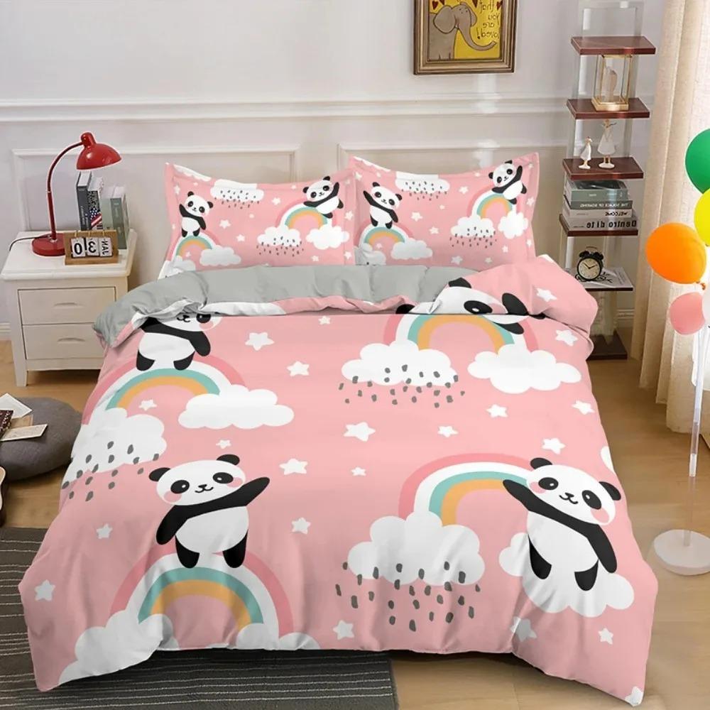 Cartoon Panda 3D Print Bedding Set White Kids Girls Duvet Cover Gift - 2/3pcs Twin Single Queen King Sizes Available