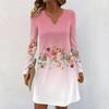 Women's Long-sleeved Casual Midi Dresses V-Neck Print  Casual Dress
