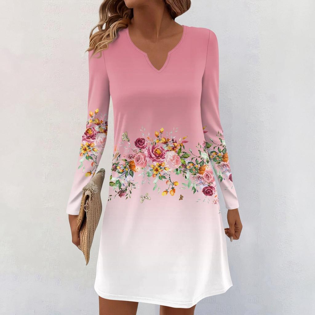 Women's Long-sleeved Casual Midi Dresses V-Neck Print Casual Dress