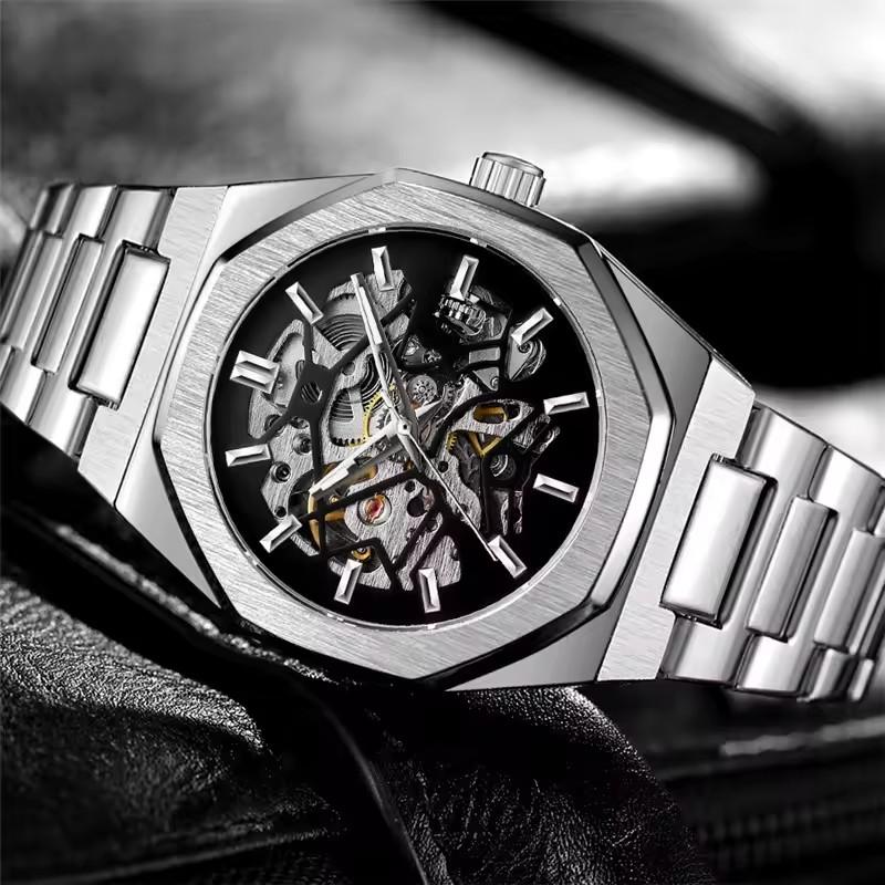FORSINING 344D Fashion Skeleton Men's Mechanical Watch Automatic Movement Pointer Night Light Steel Watch Advanced Men's Clock
