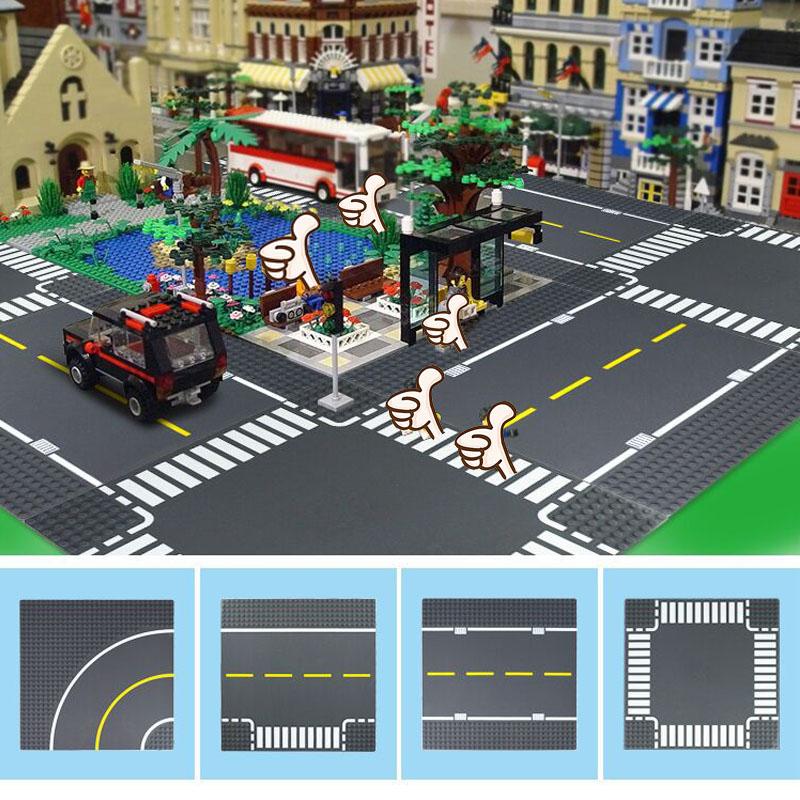 Городская дорога, улица, базовая пластина, прямой перекресток, изгиб, Т-образный перекресток, строительные блоки 8810 8811, совместимые с базовой пластиной, классические кирпичики.