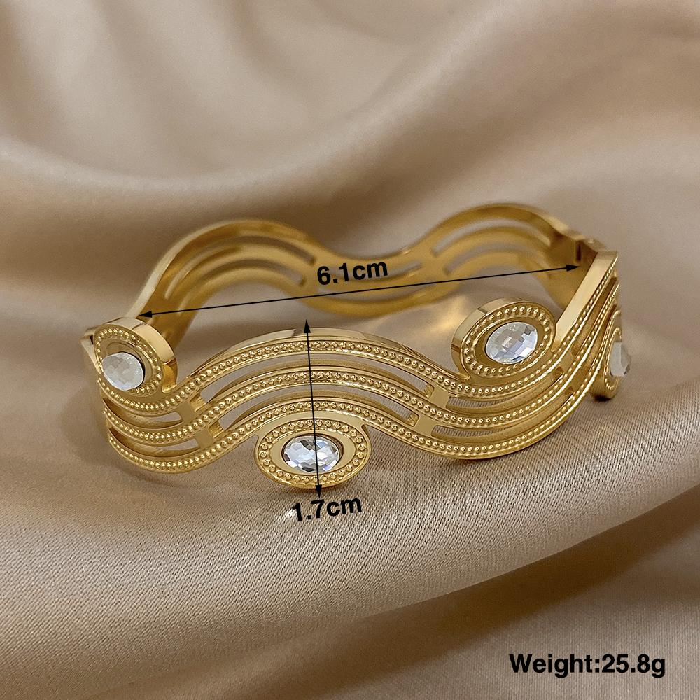 Винтажные изогнутые браслеты-манжеты из нержавеющей стали с дизайном в виде волны для женщин, браслет с подвесками и стразами, позолоченный, водонепроницаемые украшения