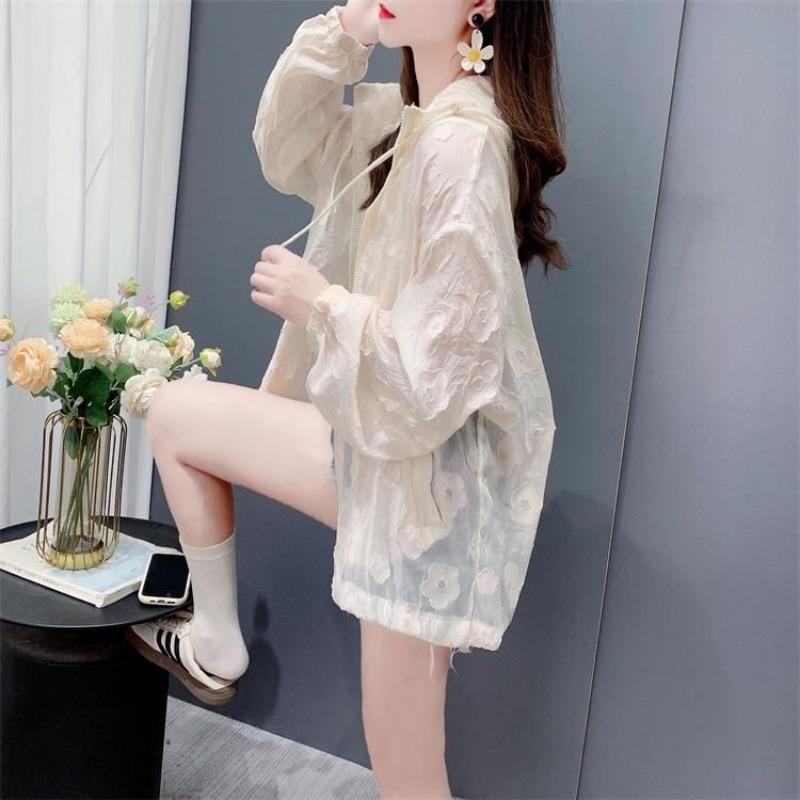 Women Casual Loose Thin Breathable Hooded Sunscreen Cardigan Shirt Outerwear