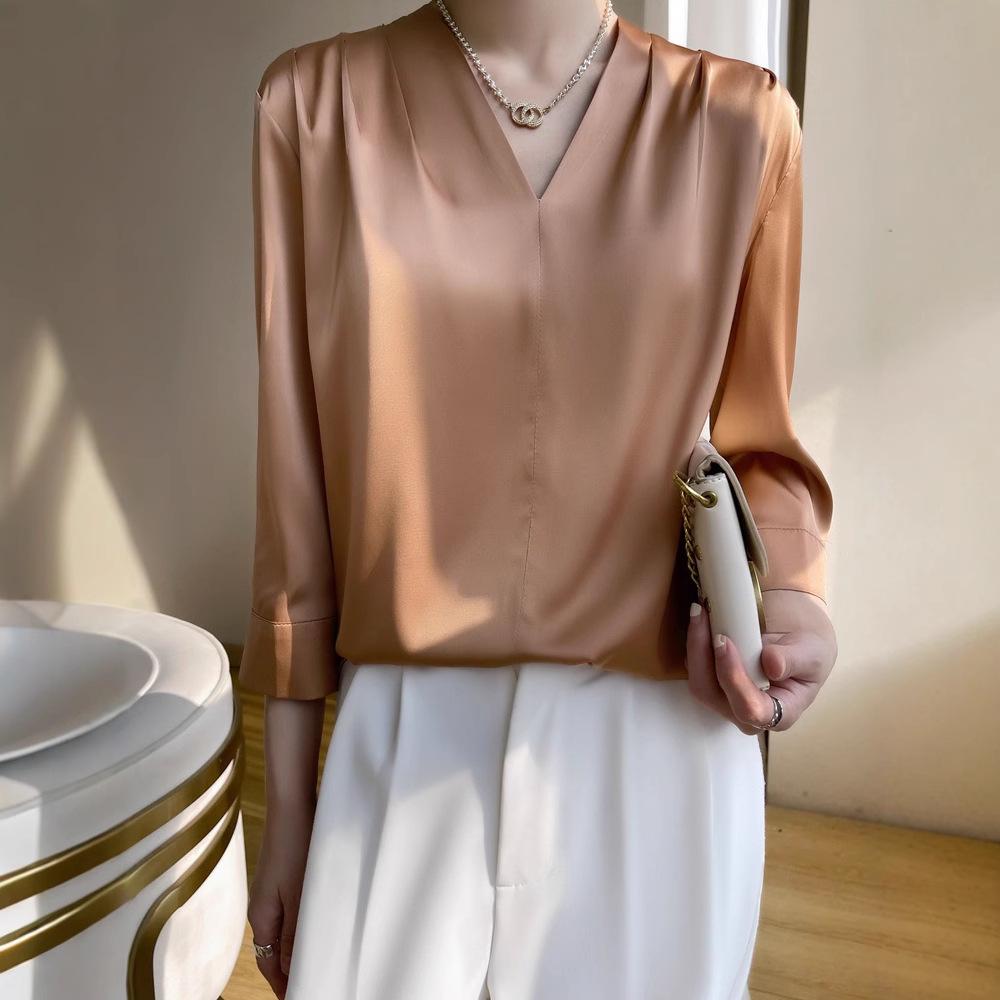 Женский атласный топ с V-образным вырезом и длинными рукавами, летний