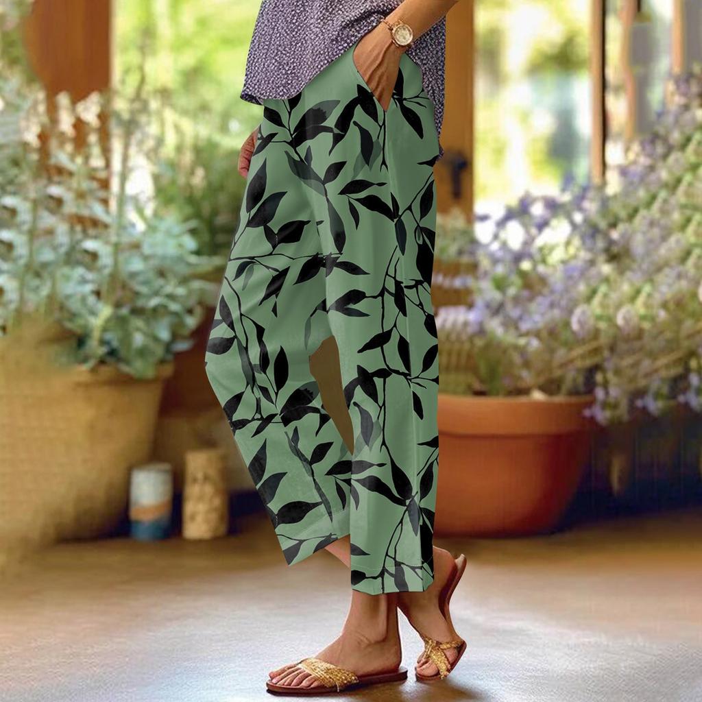 Women's Fashionable Floral Print Straight Leg Pocket Elastic Waist Casual Pants Pants