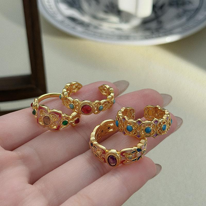 Национальный стиль Ретро Эмалевый цвет Открытое кольцо Средневековый Винтажный Цветок Нишевое Высококлассное кольцо