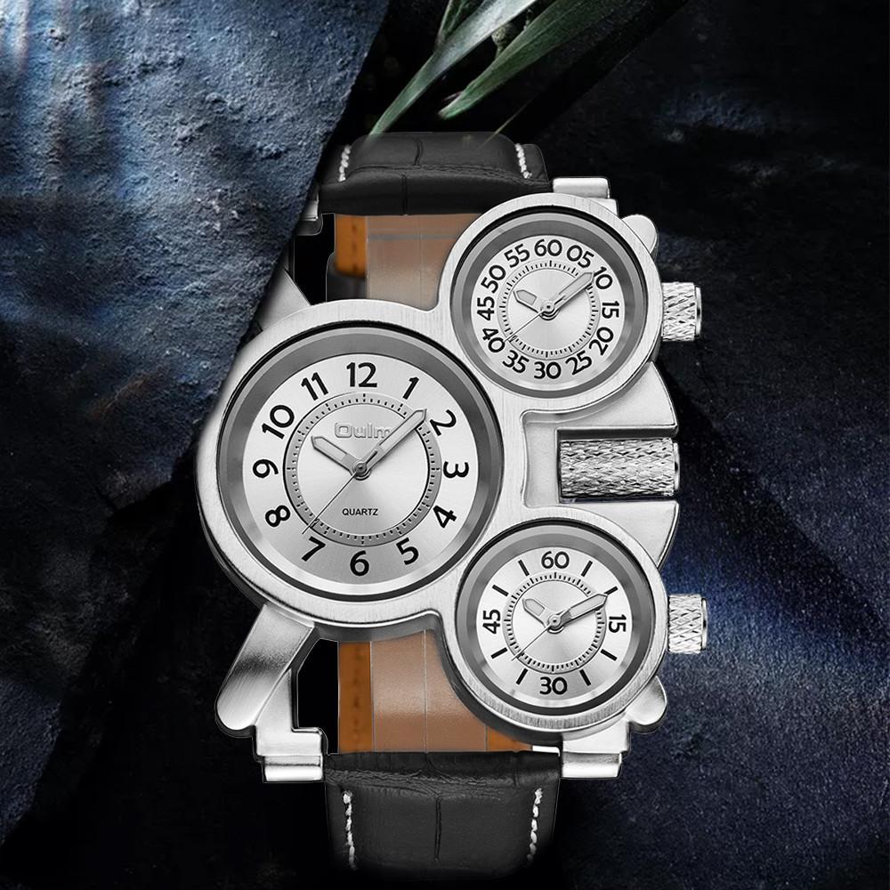Oulm Мужские часы бизнес-повседневные кварцевые часы с несколькими часовыми поясами из кожи
