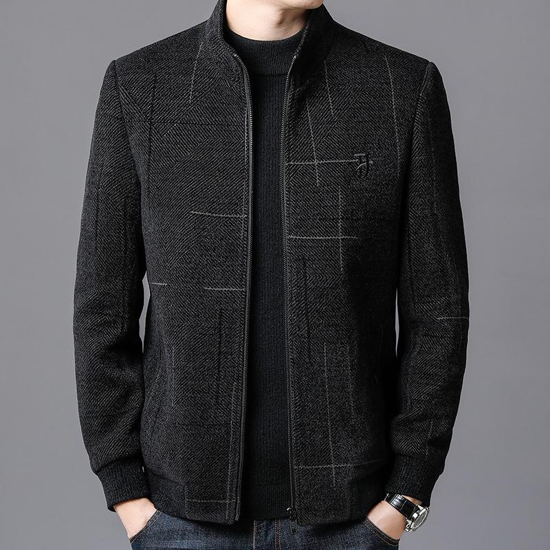 Jacket Men's New Standing Collar Jacket Woolen Top Men's Casual Wear Middle-aged and Elderly Jacket