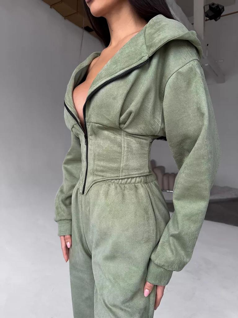 Женский однотонный худи с длинным рукавом и брюки с драпировкой, спортивный повседневный комплект из двух предметов для женщин