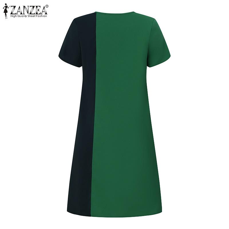 ZANZEA Женское повседневное свободное платье контрастного цвета с коротким рукавом и круглым вырезом