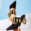 Women's Black Backless High Heel Sandals with Irregular Heels and Golden Buckle