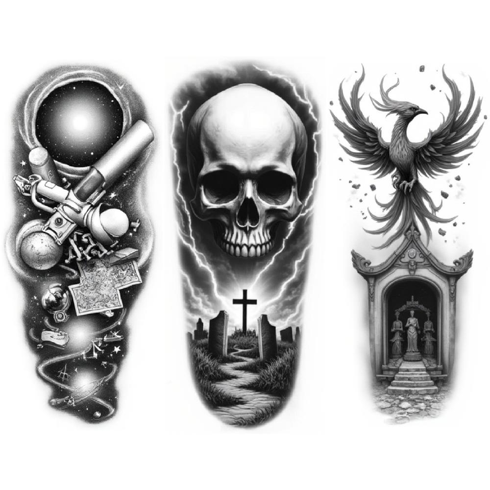 3 шт. Временные татуировки Реалистичные временные татуировки Изящный череп Татуировка черепа Скелет в капюшоне Для взрослых Мужчины Бедра