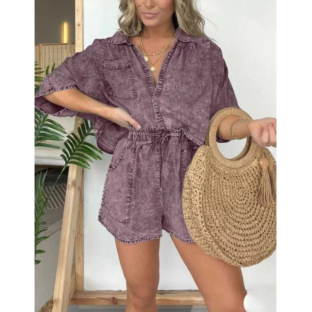 Summer Simple Fashion Pocket String Casual Loose Tops Shorts Sets Fashion Vintage Women Denim 2 Piece Set
