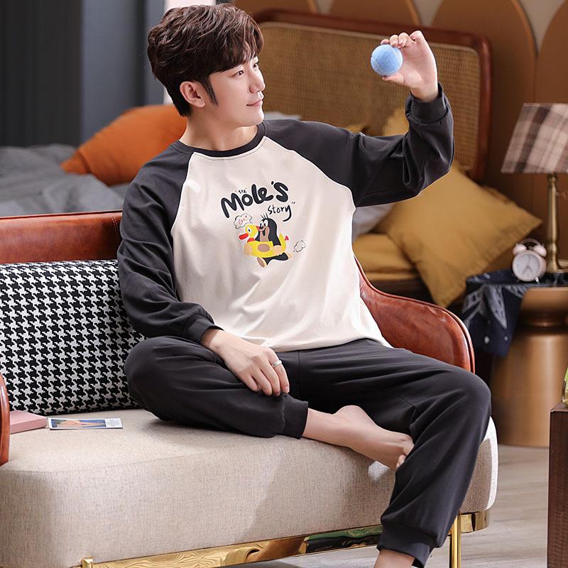 Двусторонняя хлопковая пижама с длинными рукавами и рисунком для пар для мужчин – повседневная одежда на осень/зиму