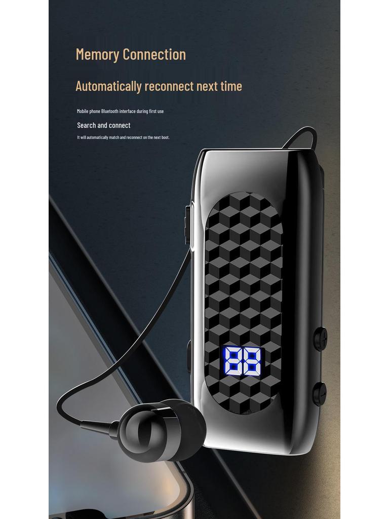 Bluetooth-гарнитура DR13 с клипсой и выдвижным шнуром, 20 часов работы от аккумулятора, цифровой дисплей, вибрация при деловом звонке и голосовое оповещение номера.