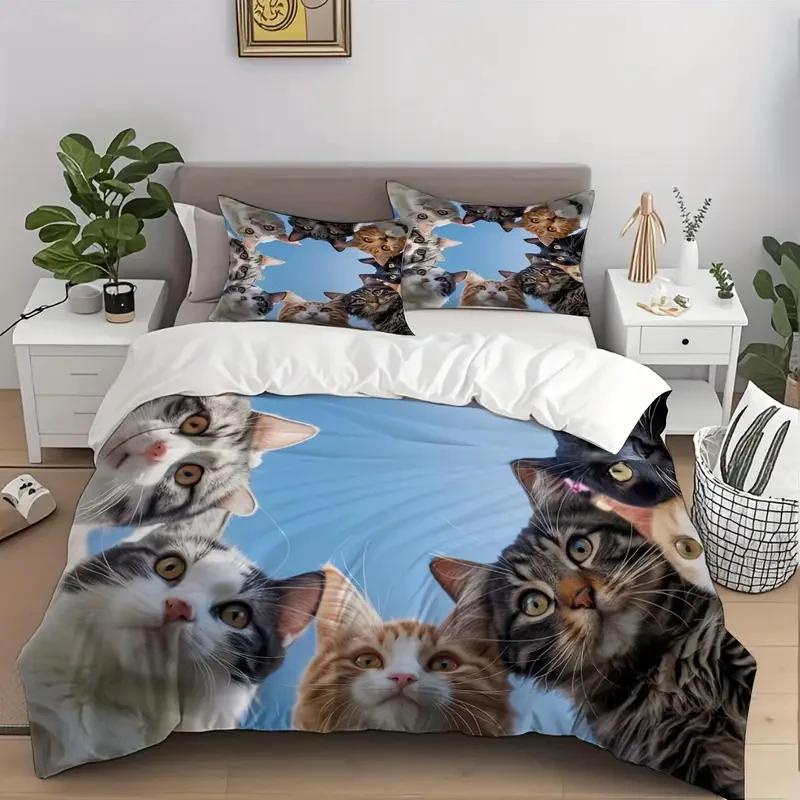 Милый набор постельного белья с котиками 3 предмета 3D цифровая печать Набор пододеяльников Мягкий Удобный Дышащий Декор для спальни, общежития Подарок для влюбленных