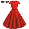 Summer Vintage Women's Dress with Bag Sleeves Solid Color Belt Swing Dress