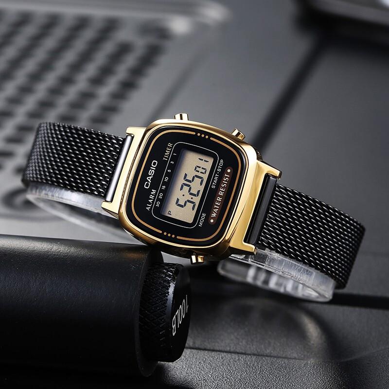 Casio Серия YOUTH - Металлическая Маленькая Квадратная Стандартная Классическая Ретро Водонепроницаемые Кварцевые Часы Стальной Ремешок Японские и Корейские Часы LA670WEMB-1