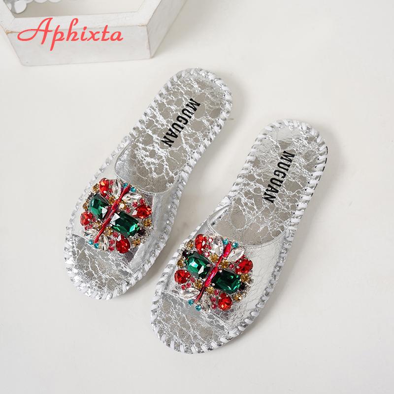 Fashion Aphixta Bling Crystal Luxury Slippers Women Round Toe Colorful Summer Shoes Flat Heel Outdoor Slides Zapatos De Mujer Pantunflas