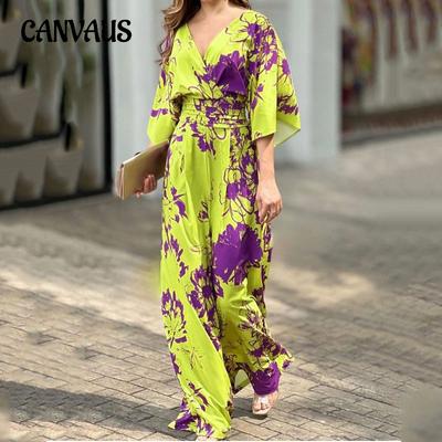 Летний женский комбинезон, модный элегантный комбинезон с V-образным вырезом и рукавами летучая мышь с принтом на талии