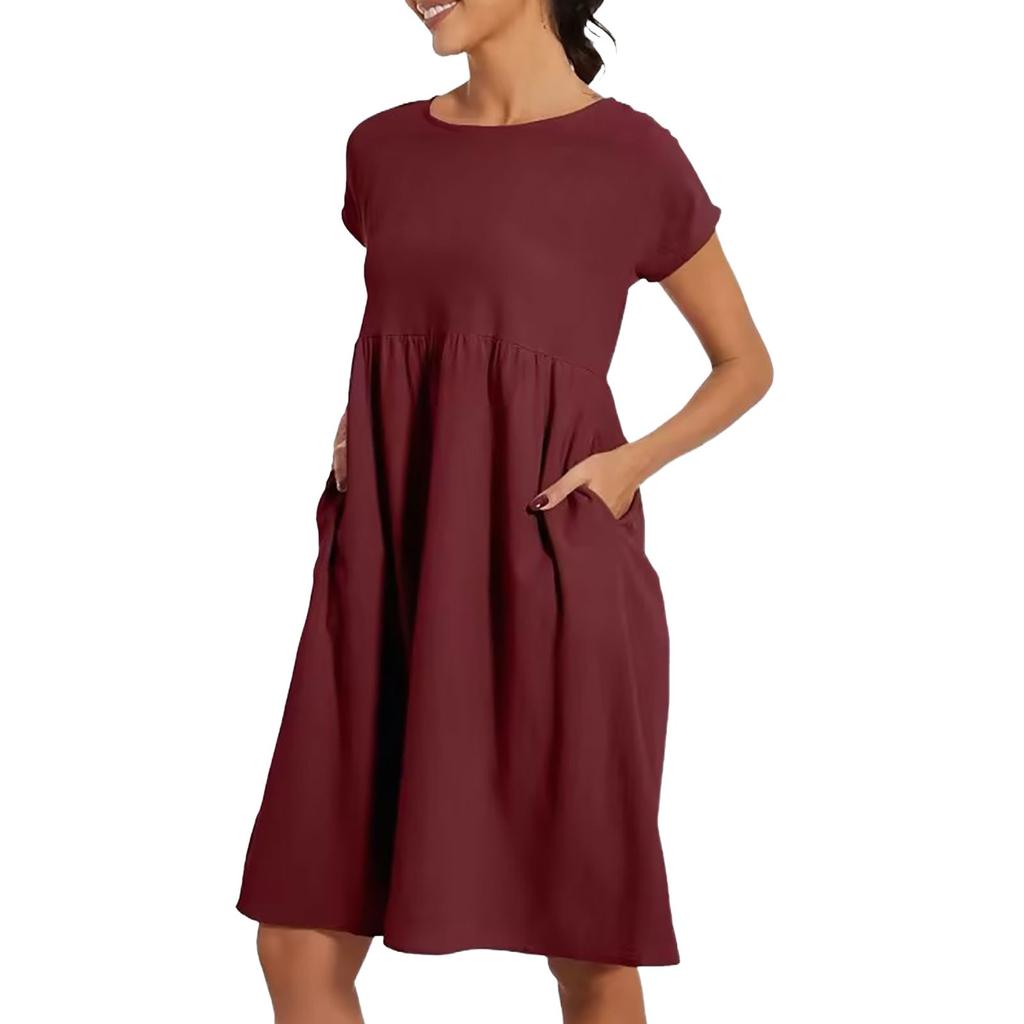 Women's Solid Colour Casual Cotton Linen Dress Short Sleeve Round Neck Pocket Dresses