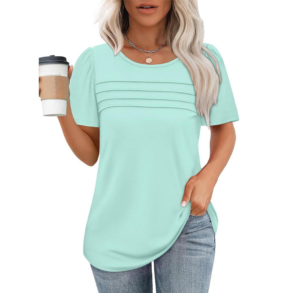 Fashion Tops Pleated Round Neck Short Sleeve T-Shirt
